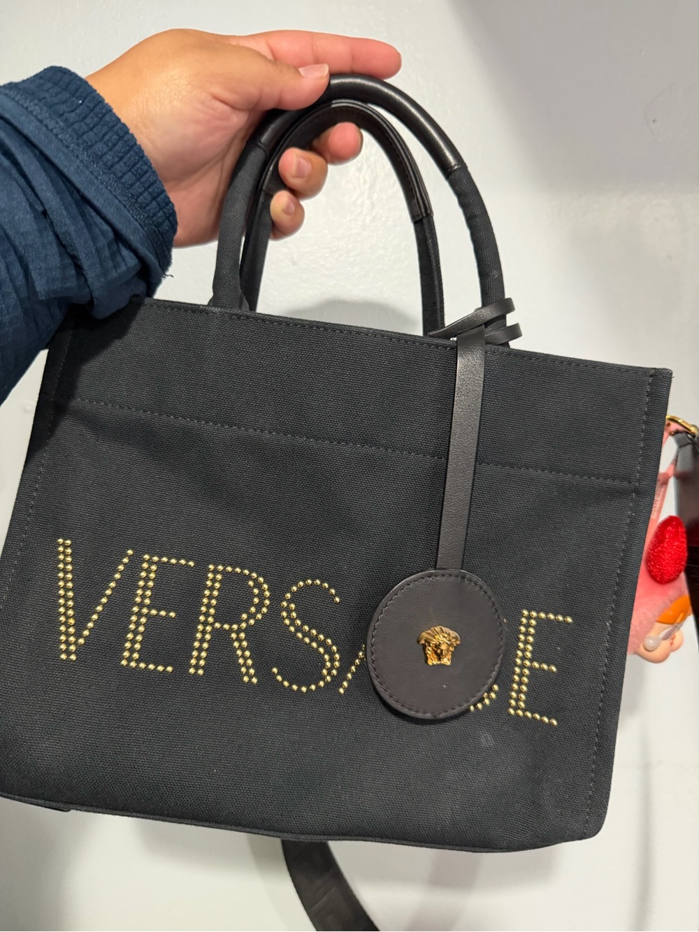 Versace Canvas Studded Small Logo Tote Bag Black